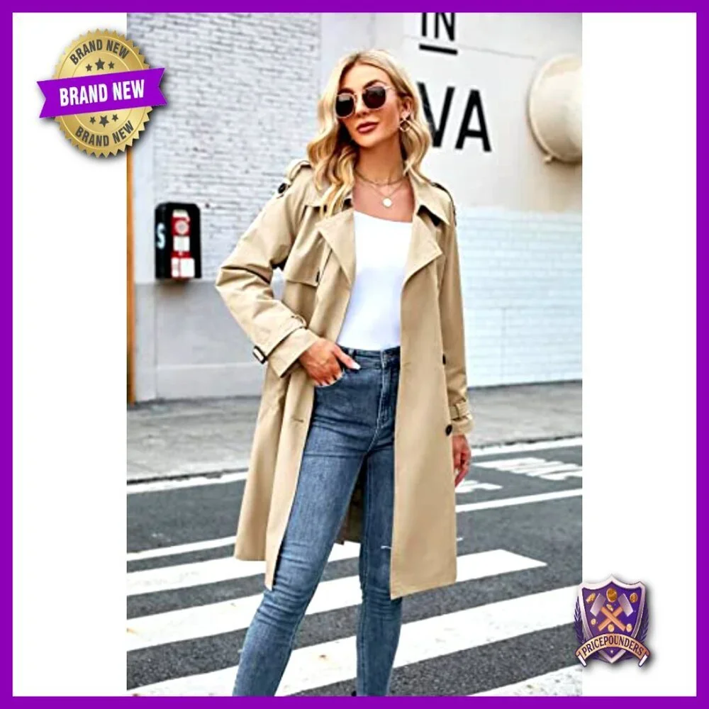 Double Breasted Trench Coat Classic Lapel Slim Fit Windproof Elegant Overcoat
